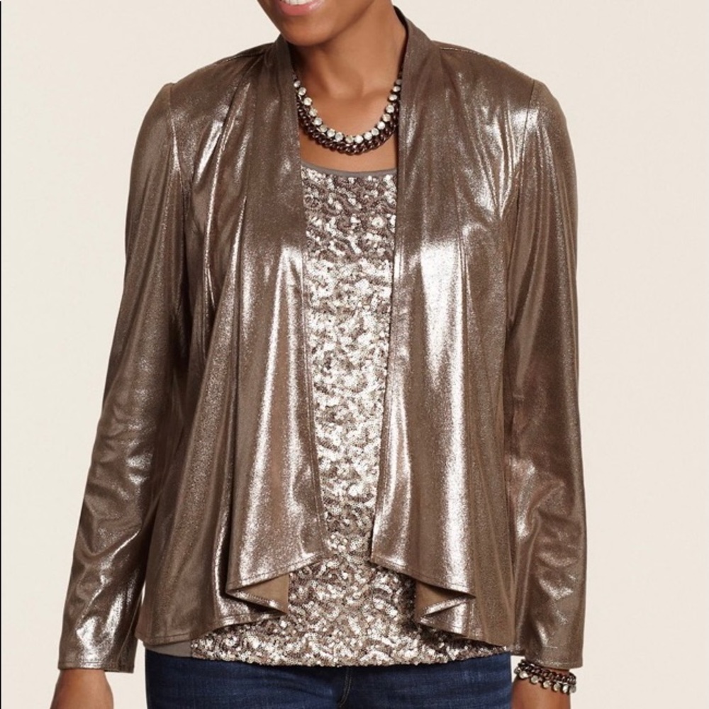 Chico’s Size 1 (Medium) Bronzed Metallic Jamie Jacket $129 Open Front, Unlined